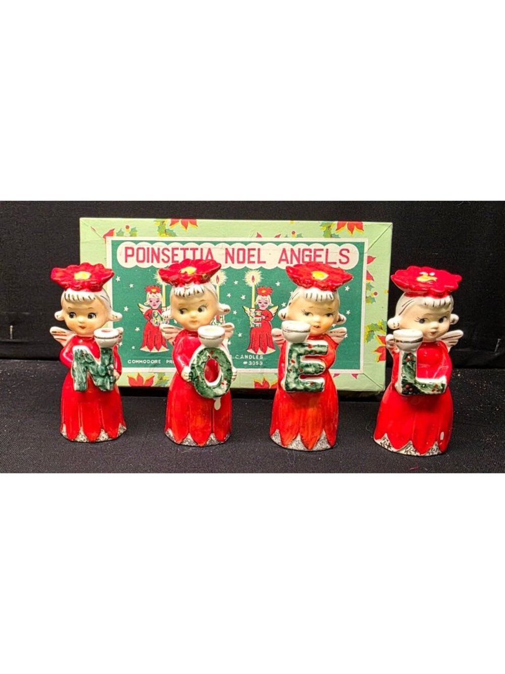 Vintage MCM Commodore Poinsettia "Noel" Ceramic Angel Candle Holders Christmas